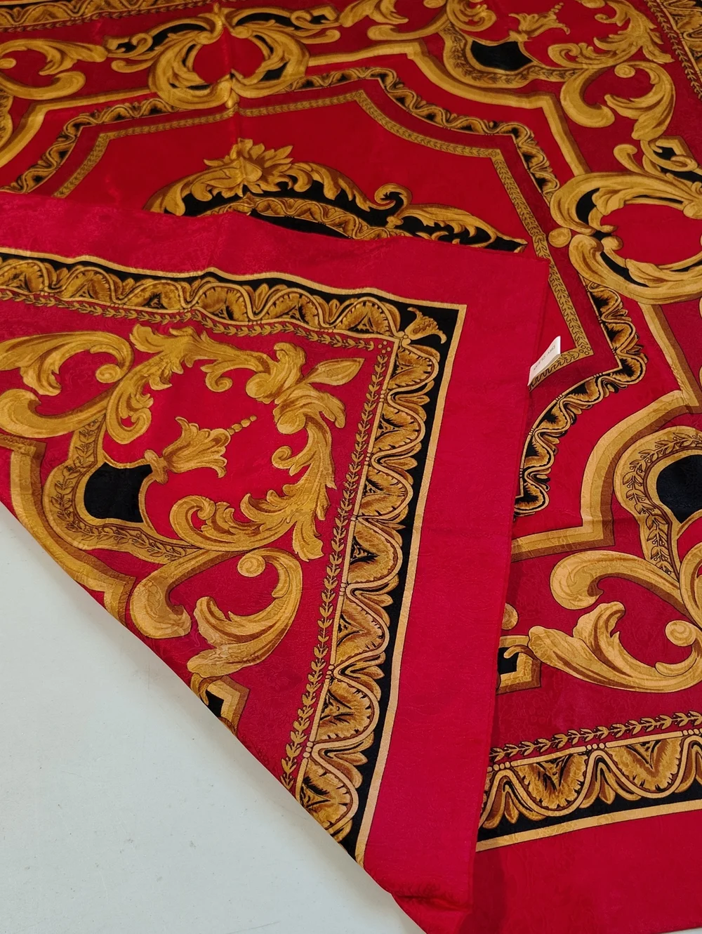 Vintage 100% Silk Red Gold Baroque Print Square Large Scarf 